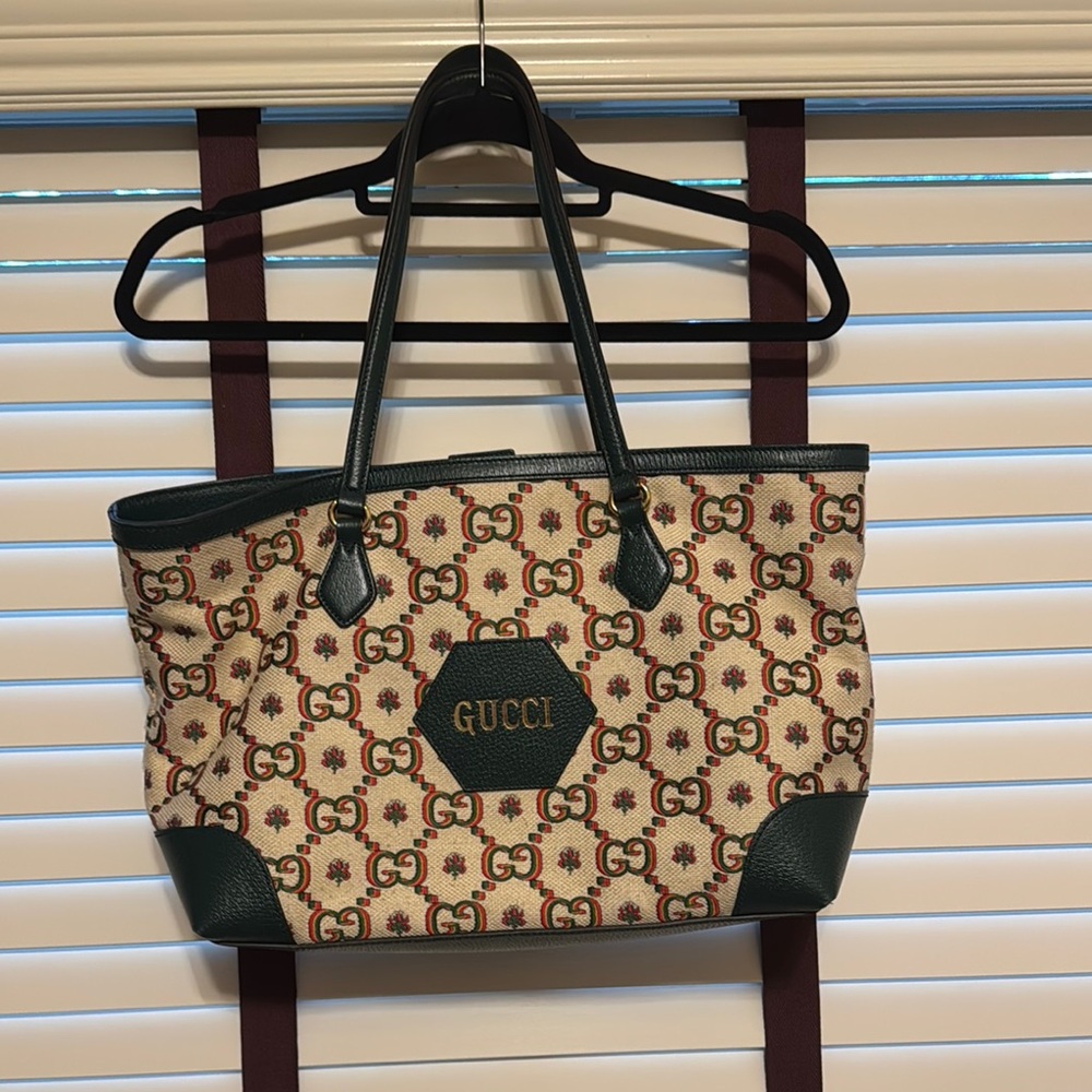 Gucci GG Canvas 100th Anniversary Green/Red/Cream Patterned Tote Bag